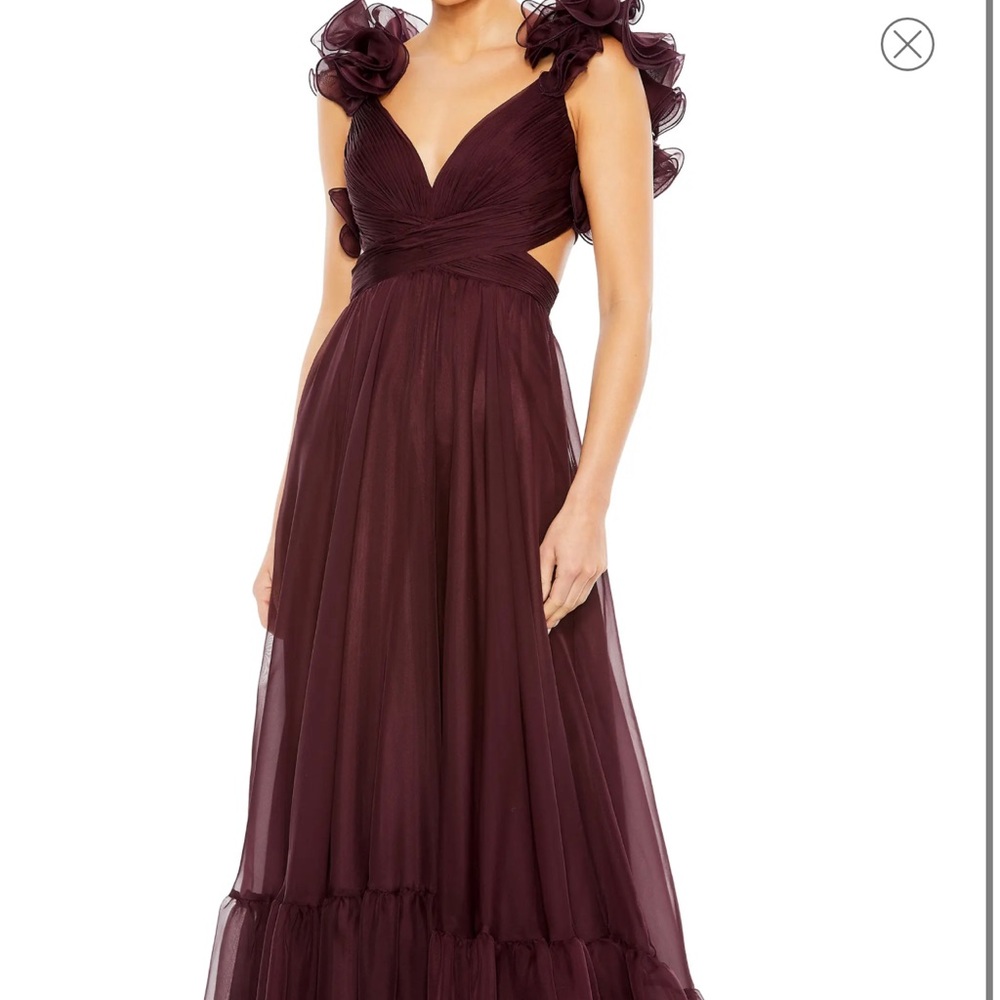 Max Duggal Bordeaux Rosette Chiffon Cutout Empire Waist Gown